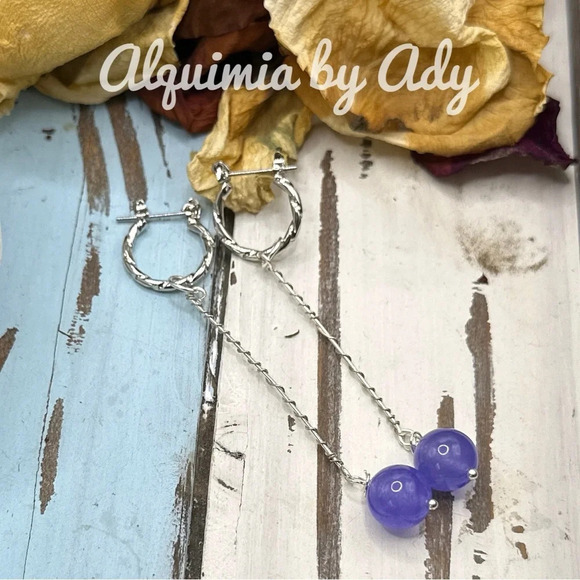 Purple Jade Tassel extra long silver dangle earrings statement - Picture 1 of 7